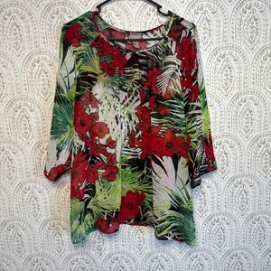 Chicos Womens Tropical Floral Print Sheer Blouse Top Size large 3